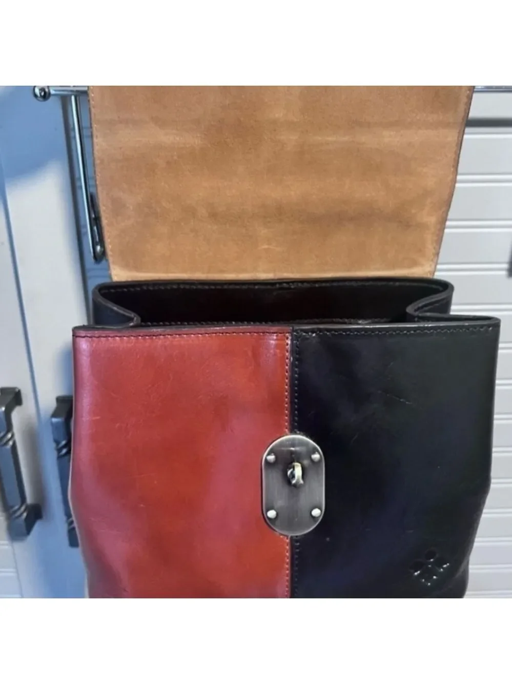 Patricia Nash Sinclair Leather Convertible Backpack-Colorblock Black/Tan- EUC